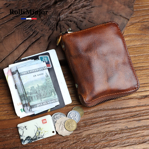 Rollsminjor echte Leder-Brieftasche Herren Kurzer vertikal handgefertigter Gemüse gebräunter Kopfschicht Cowide Retro Reißverschluss Brieftasche mittleren Alters und Jugend Geschenkbox Retro Black 9*2,5*12 cm