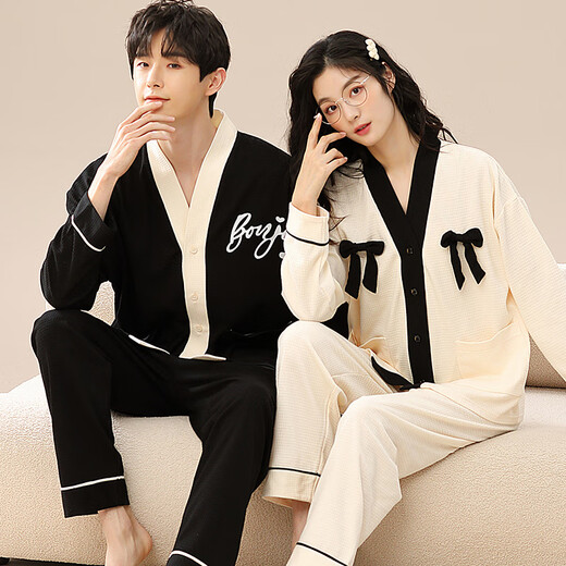 Modal 2025 new couple pajamas for one man and one woman spring and autumn cardigan long-sleeved two-piece set cute home clothes cardigan s1232 green bear L female L male 2XL