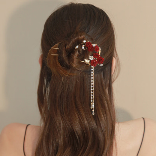 Book millet red rose flower tassel hairpin, high-end U-shaped hairpin for women, ancient style Hanfu cheongsam, hairpin, bride's toasting attire, new Chinese style national style tassel hairpin, gold