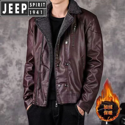 JEEP SPIRIT吉普皮衣男士加绒加厚真皮夹克2025冬季新款韩版修身休闲皮毛一体 黑色 2XL