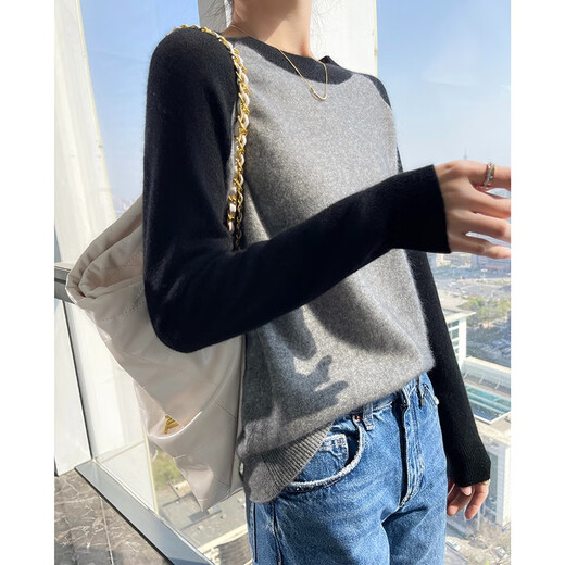 牧什秋冬山羊绒衫女士圆领羊绒毛衣女撞色拼接针织打底衫23新款JD1047 青绒色 XL