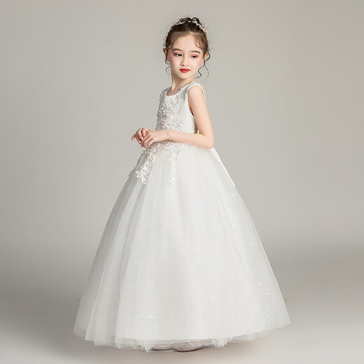 
Dev Ake children's dress girl princess skirt host high-end piano performance evening dress little girl wedding summer big boy BX683 long sleeveless white 130 (recommended 41-50 Jin [Jin equals 0.5 kg])