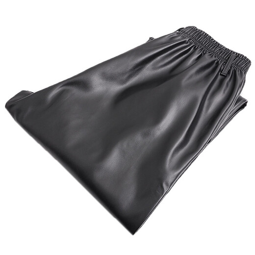 Chengmo Spring und Sommer dünne Herrenlederhosen ölfestes und wasserdichtes Arbeitshosen mittleren und älteren Menschen mit hoher Taille locker Windschutzversicherung Einschichtige Lederhose [Elastische Taille] (PU-künstliches Leder) 3xl (Empfohlen 160-185 Jin [Jin gleich 0,5 kg]))
