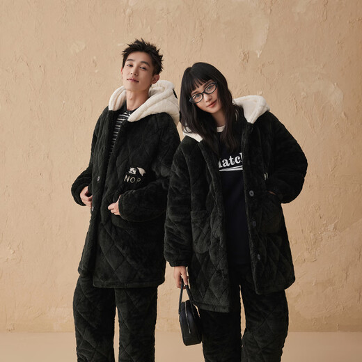 Kissing cat cartoon hooded warm velvet couple quilted pajamas for women winter three-layer thickened men's suit home clothes 188 jet black male L