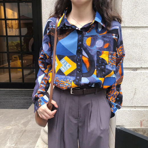 冉艺岚衬衫女春秋新款韩版宽松印花衬衣港味复古长袖衣外套 a 9712 S  收藏店铺ONG小礼物