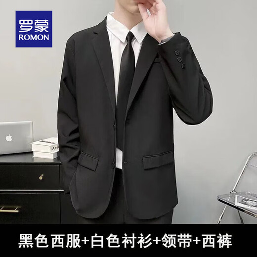 Luo Meng suit set, a complete set of new wedding performance, Korean version, casual commuting, college student interview, professional formal suit, black suit + trousers + white shirt + tie (four-piece set) M