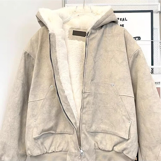 Yiran presents winter velvet thickened hooded cotton coat for men, old American high street retro youth sports warm trendy brand cotton coat, gray apricot M recommended 105-120 Jin Jin equals 0.5 kg