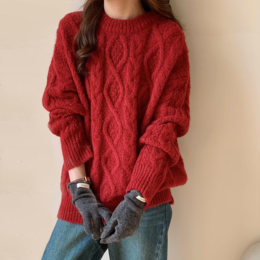 Ono Seven Days New Year and Christmas Red Sweater Women's Autumn and Winter Outerwear Loose Retro Twist Round Neck Short Lazy Pullover Sweater Red One Size