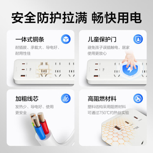 京选京东自有品牌 30WPD快充插座/插线板/插排/接线板 Type-c口+USB口+6插孔 全长1.8米白色M733UC30