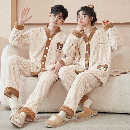 Langsha Couple Pajamas Autumn and Winter Men and Women Coral Velvet Warm Plus Velvet Thickened Cartoon Cute Loose Flannel Home Clothes Cartoon Bear 2XL Women's Style