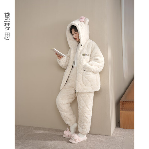 Daimensi couple pajamas quilted coral velvet winter three-layer thickened warm hooded women's and men's home clothes couple style (single set price)-68054 XL -Male/height 171-178, weight 135-155