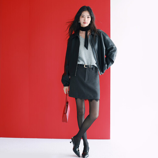 Eifli (eifini) Eifli retro style loose temperament leather jacket short jacket for women new versatile fashionable jacket for women black S
