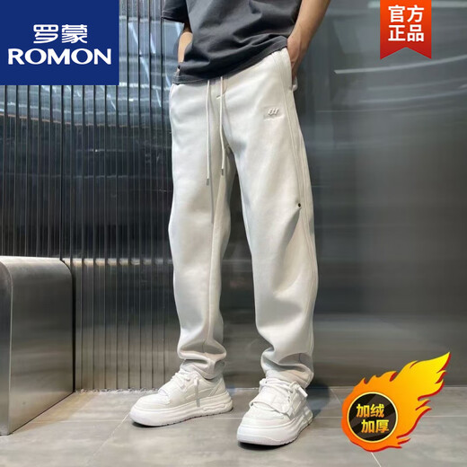 ROMON's new autumn and winter velvet thickened straight pants for men and women, solid color, versatile, American trendy loose sports casual pants, off-white thin style 2XL recommended 145160Jin Jin equals 0.5kg to wear