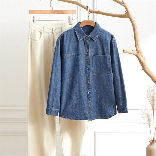 Demana (dme) 100% cotton denim bamboo shirt lapel long sleeve topstitch shirt women's top medium denim blue S