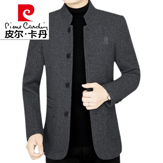 Pierre cardin spring and autumn short thickened wool woolen coat men's coat middle-aged dad business casual top Korean knitted dark gray 185/XXL