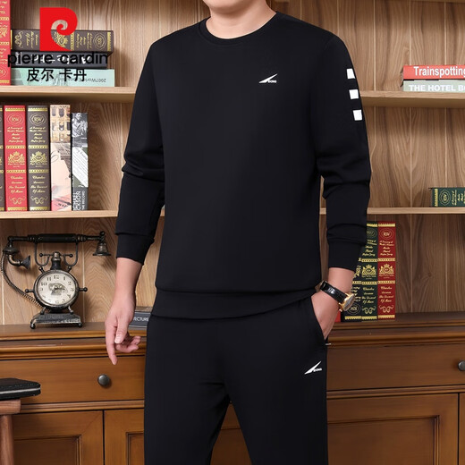 皮尔卡丹（臻贵尊享）圆领卫衣男士春秋冬季套头加厚加绒中老年运动套装爸 677黑色 3XL