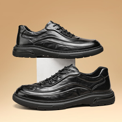 Saturday men's toe-layer cowhide fashionable business formal leather shoes men's lace-up commuting versatile casual leather shoes black
