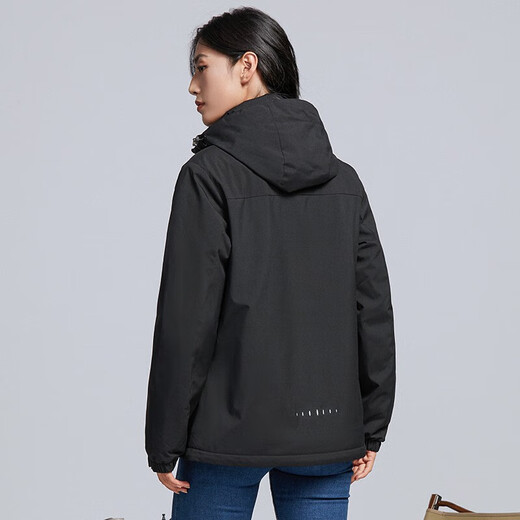 西域骆驼（VANCAMEL）加绒风衣外套男女韩版防风保暖单层软壳冲锋衣工装风夹克文艺上衣 9930S曜石黑-女【纯色】 XL