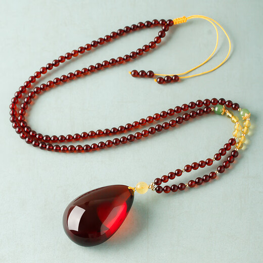 Ancient natural amber beeswax pendant blood amber certificate pendant necklace casual blood amber sweater chain with water drops 7207 about 28.76g about 63.2*34.7