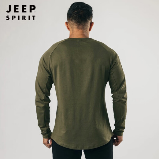 JEEP SPIRIT Retro Heavy Henley Long Sleeve T-Shirt Solid Color Sports Fitness Bottoming Shirt Men's Pure Cotton Stretch Thin V-Neck Cardigan Army Green 2XL