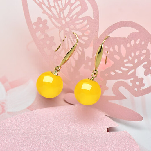 Gift: Drops of water form beads. Amber 18k gold earrings, beeswax ball ear hooks. Natural raw stone with good color. Gift for mom or girlfriend. 11.0-12.0mm beeswax ball beads + yellow 18k gold ear hooks.