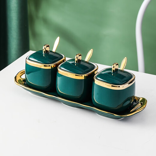 Mccarren Nordic simple light luxury ceramic seasoning jar box seasoning bottle salt MSG jar kitchen commercial household with lid set of 3 seasoning jars + emerald