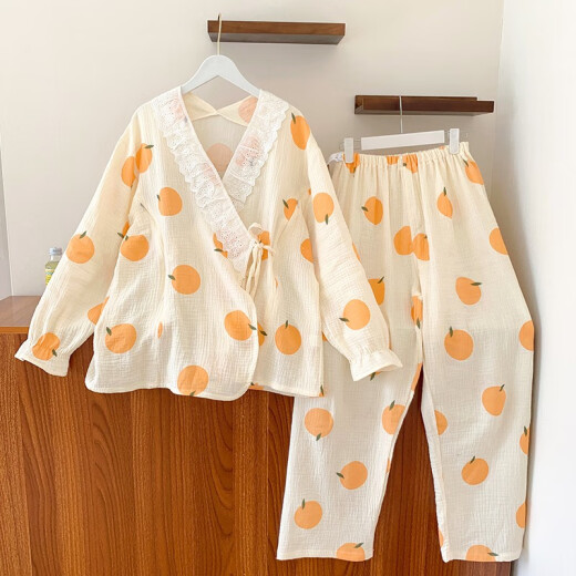 月子服夏季产后棉纱布哺乳睡衣女春秋孕妇喂奶家居服套装可外穿纯 橙色橘子和服A1049#A M 80-100斤