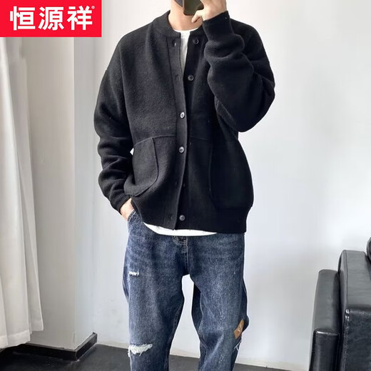 恒源祥羊毛衫开衫男春秋款港风针织衫圆领茄克宽松加厚羊狨毛衣外套线衣 黑色 XXL