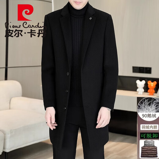 皮尔卡丹（pierre cardin）鹅绒内胆双面呢外套男士加厚风衣中长款羊毛绒毛呢大衣男针织 黑色MN5582【西装领羊毛双面呢】 XL (125-140斤)