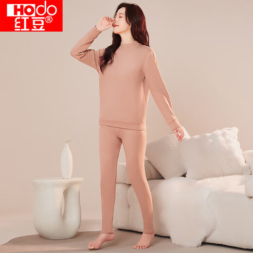 Red bean thermal underwear for women with wool plus velvet thickened antibacterial and wearable middle-high collar middle-aged and elderly cold-proof set