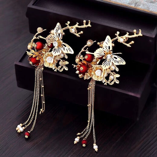 Lingchuan Chinese style bridal Xiuhe headdress, simple and elegant red tassels, walking phoenix crown, wedding hair accessories, Xiuhe clothing accessories, ear hook style