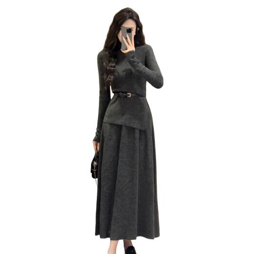 Han Lujiao (hanlujiao) Xiaoxiang Hepburn style knitted dress autumn and winter 2024 new women's clothing into the winter tea style complete set Dark gray suit + free belt One size fits all Recommended 80-130 Jin Jin equals 0.5 kg