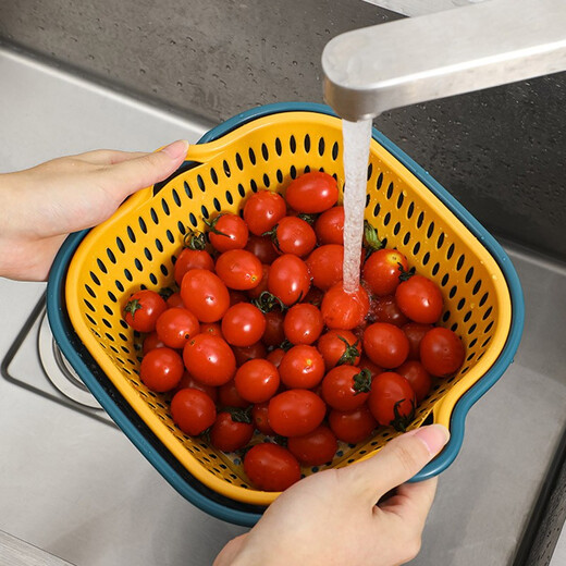 Chunshao kitchen vegetable basket drain basket double layer vegetable basin drain basket fruit and vegetable basket leaking basin 6-piece set extra large + large + medium blue and yellow two colors