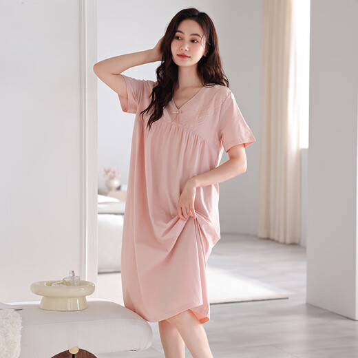 浪莎（LangSha）睡裙女夏季纯棉薄款短袖带胸垫家居服女士甜美公主风可外穿连衣裙 701柔粉（带胸垫） M【155-160cm/90-110斤】