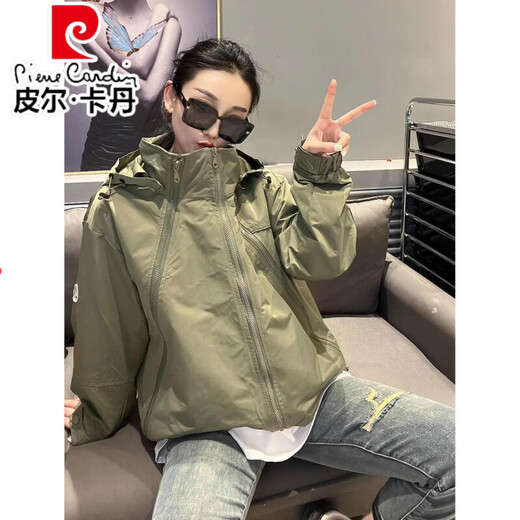 
Pierre cardin European zipper jacket for women 2025 spring and autumn new casual loose hooded short jacket thin top pink L
