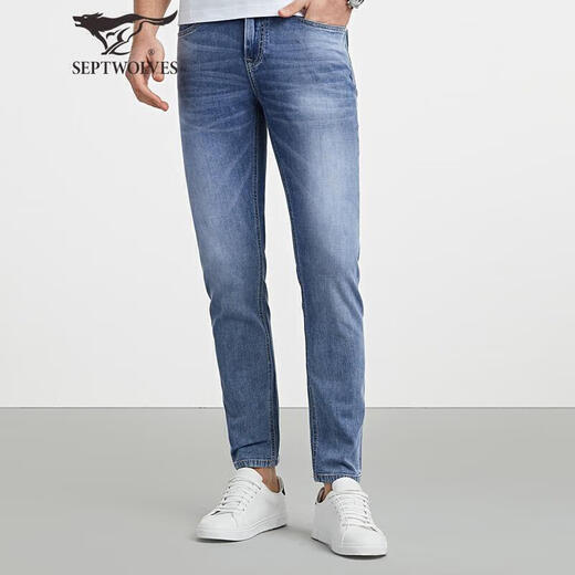 Septwolves jeans men's spring and summer casual all-match casual pants solid color pants nine-quarter pants men's trend light blue 34/86A