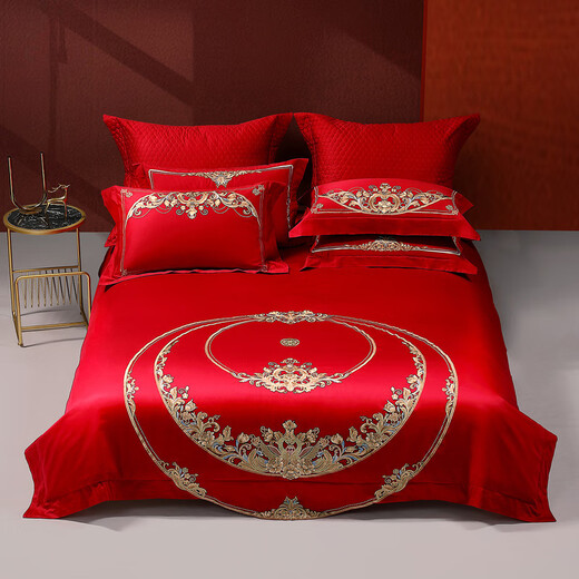 Mercury Home Textile Bed Eight-Piece Set 60 Long Lumber Cotton Wedding Kit Dahong Wedding Bedding Quilt Cover Bedding Pillow Cover Rosa Ring Suitable for 1.8 meters bed, suitable for 220*240cm quilt core