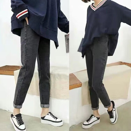 Nanding Yagre pregnant women's pants jeans autumn and winter new style loose and slim outside new style trousers plus velvet dad pants autumn and winter style dark blue L 115-125Jin [Jin equals 0.5 kg]