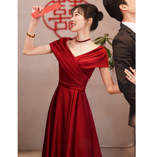 Seidler Toast Wear Bridal 2025 New Summer Satin Burgundy Engagement Wedding Evening Dress Can Be Weared One Shoulder Burgundy M