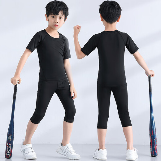 Ifubxy Kinder Kinderstrumpfhose Training für Sommerjungen und Mädchen kurzärmelig schnapptrocknen Kleidung Basketball Fußball Sport Lauffitness Set 826 Schwarze und grüne kurzärmelige 28 Größen 140 cm 60jin [Jin gleich 0,5 kg] etwa ungefähr etwa