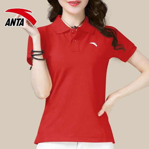 Anta kurzärmeligte T-Shirt für Frauen 2022 Sommer neuer loser atmungsaktives Lampen-Polo-Hemd Fitness leichte Eis Seide Schnelle Trocknen im Freien im Freien im Freien im Freien im Freien T-Shirt Casual Sportswear -4A14066 Klassiker Red S/160