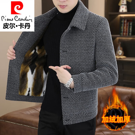 Pierre Cardin winter casual jacket men's velvet lapel woolen coat short trendy men's mink velvet woolen jacket winter dark gray velvet XL recommended 135Jin Jin equal to less than 0.5kg