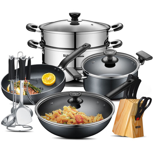 SUPOR non-stick pan, wok, complete set of kitchen utensils and pots, gas induction cooker, frying pan, soup pot, steamer, wok + frying pan + soup pot + steamer 4-piece set