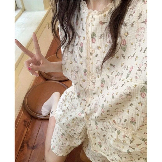 JPhznb Pajamas encaje para mujer Ropa de hogar Retro Slim 2023 Nuevo encaje Pajama floral 9903 Cuello redondo de conejo [set] Manga corta M