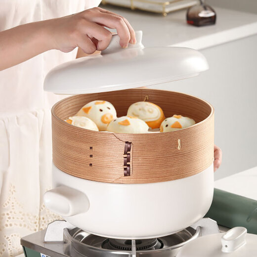 Fengshang Steamer Pot Ceramic Pot Steamer Integrated Multifunctional Pot Steamer Home Breakfast Steamed Egg Soup Double Layer 2L White + Steamer 2 Layers 20.5cm