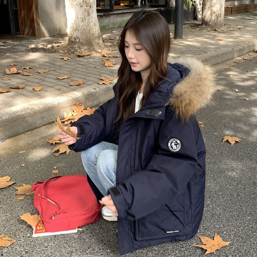 Guilanzi short down jacket for women winter 2025 new small white duck down work jacket thickened fur collar coat navy blue M 110-135Jin Jin equals 0.5 kg