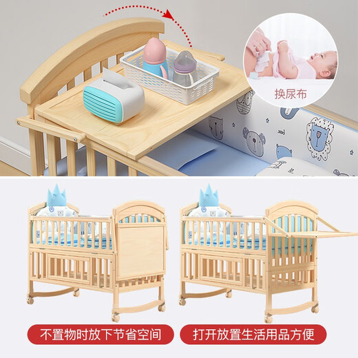Airidge Crib Massivholz lackfrei bewegbares Spleißen großes Bett Baby Bett Multifunktional Windel Tisch Neulinge BB Bett großes Bett + Krontierparty Blaues Fünf-teiliger Set