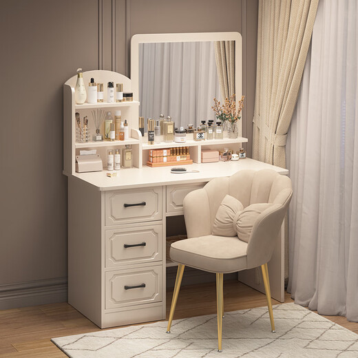 Benmu Zizai European style dressing table bedroom modern minimalist Internet celebrity ins style small apartment home small high-end bed LED light mirror round mirror four draws + petal chair 80cm other assembly 1x1x1cm