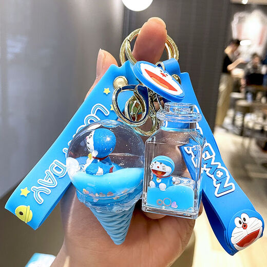 Doraemon keychain pendant liquid quicksand school bag hanging ornament for girlfriend best friend children creative heart-hearted practical quicksand Dingdang cat-bottle + blue and white bell