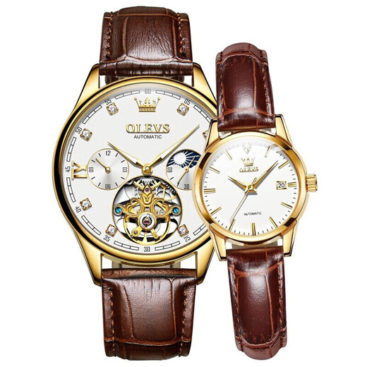 OLEVS Swiss certified brand couple watch fully automatic mechanical watch men and women watch luminous waterproof trendy couple watches upgraded enhanced version-3601+6629 brown leather white
